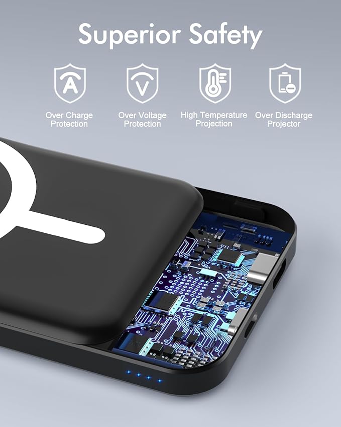 podoru for Magsafe Battery Pack, 5000mAh Magnetic Power Bank with Type-C Cable 20W PD Fast Charging Lighting Input Wireless Portable Charger for iPhone 17/16/15/14/13/12/ All Series-Black