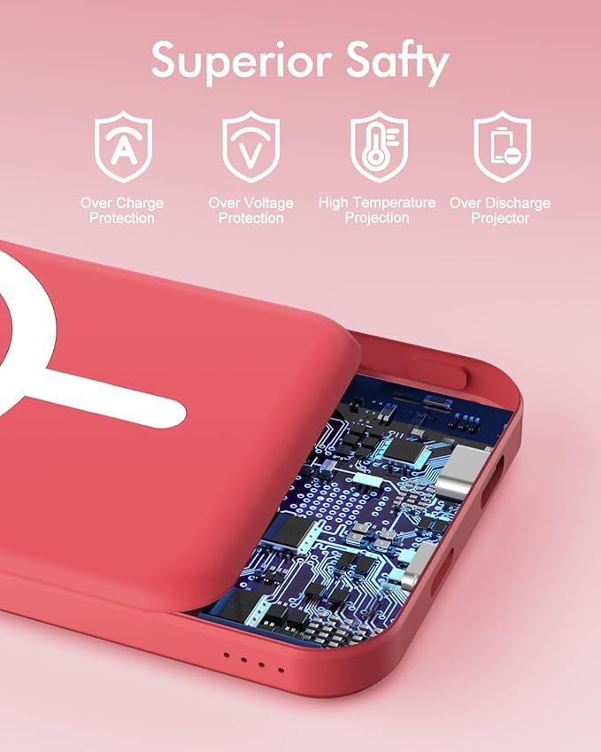 podoru for Magsafe Battery Pack, 5000mAh Magnetic Power Bank with Type-C Cable 20W PD Fast Charging Lighting Input Wireless Portable Charger for iPhone 17/16/15/14/13/12/ All Series-Red