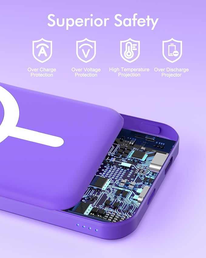 podoru for Magsafe Battery Pack, 5000mAh Magnetic Power Bank with Type-C Cable 20W PD Fast Charging Lighting Input Wireless Portable Charger for iPhone 17/16/15/14/13/12/ All Series-Demon Purple