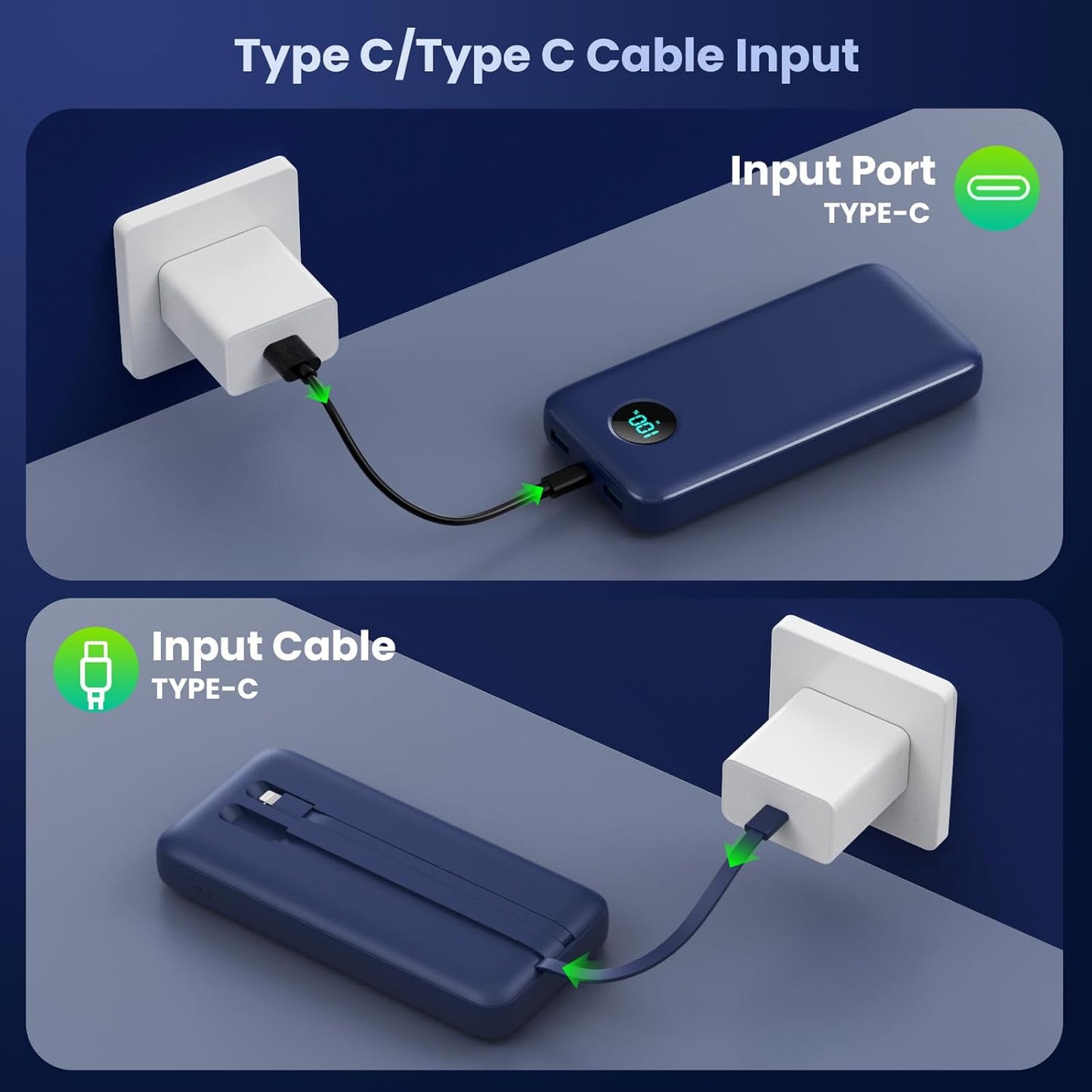 Portable Charger 40,800mAh Power Bank, 25W PD QC 4.0 Fast Charging Portable Phone Charger with Built-in Cables,LCD Display USB C Battery Pack Compatible with iPhone 16/15/14,Android Samsung (Blue)