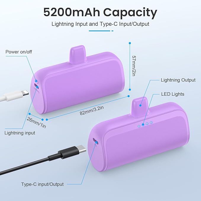 Mini Portable Charger Power Bank for iPhone,5200mAh Portable Phone Charger, Ultra-Compact PD Fast Charging Battery Pack Compatible with iPhone 14/14 Plus/Pro Max/13/12/12 Mini/11/XS/XR/X/8/7/6/6s