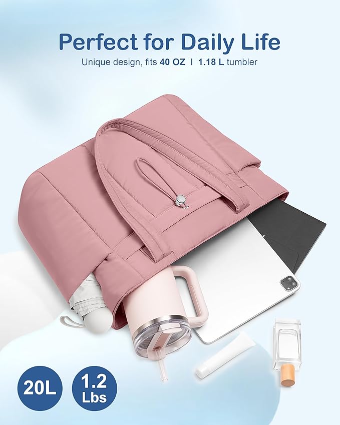 TOPDesign Puffy Tote Bag for Women with Cup Holder & Laptop Compartment & Cosmetic Bag & Trolley Sleeve for Work, Travel