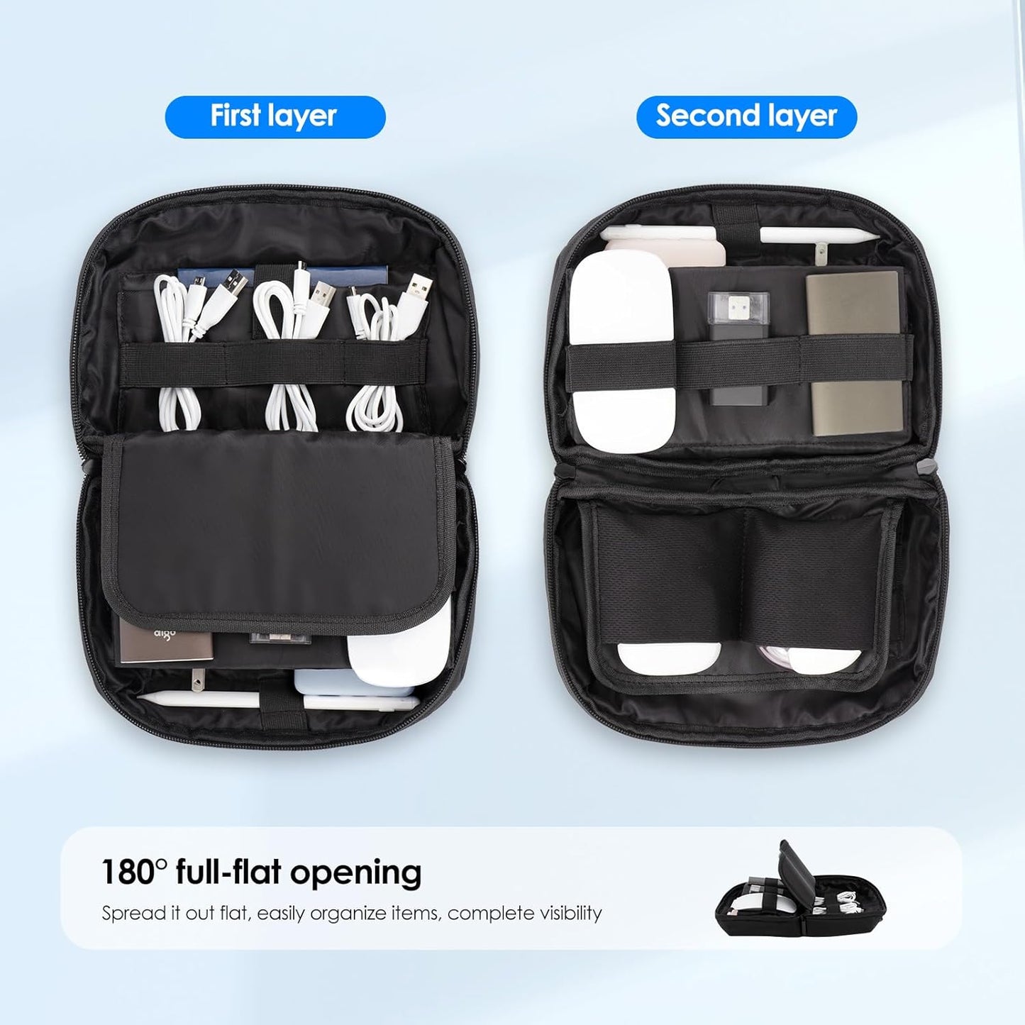 LENTION Electronics Organizer, Tech Organizer Travel Case, Tech Pouch, Cable Bag with ECO-Friendly Fabrics (GRS Certified) Cord organizer Travel Essentials Bag for AirPods, Cords, Charger (M378 Black)