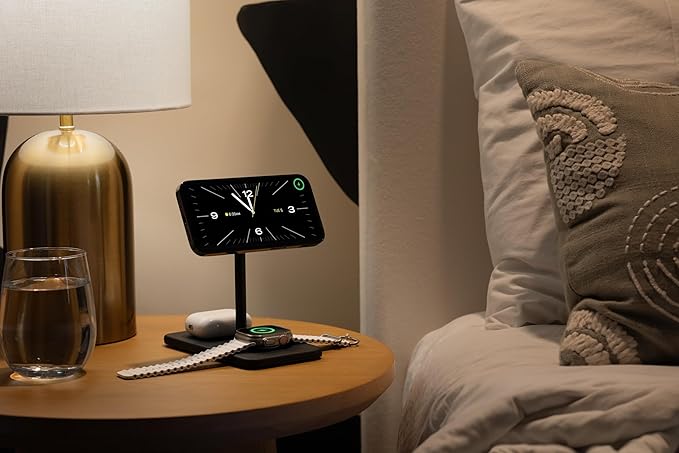 Twelve South HiRise 3 Deluxe, Compact Luxury Wireless Magsafe Charging Stand for iPhone, AirPods and Apple Watch - Includes US Power Supply with 5 Foot Cord, Plus International Plug Adapters, Black