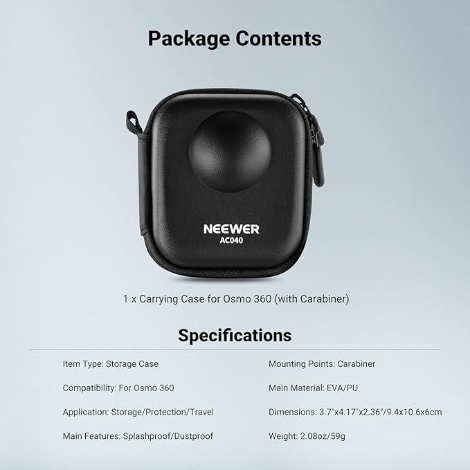 NEEWER Storage Case Compatible with DJI Osmo 360 Only, Protective Portable Splashproof Dustproof Travel PU Hard Shell Carrying Bag Action Camera Accessories with Carabiner, AC040