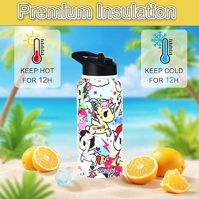 Tokidoki Unicorno 32OZ Water Bottle with straw Anime Cartoon Reusable Insulated Water Bottle Cup Tumbler with Leak Proof Flip for Outdoor Gym (unicorno-01)