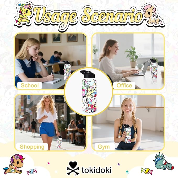 Tokidoki Unicorno Bottle 32oz Insulated Stainless Steel Water Bottle Reusable Vacuum Insulated Water Bottle Tumbler with Leak Proof Flip Bottle for Travel Office Gym (rainbow unicorno)