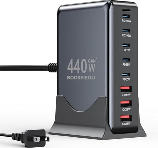 440W USB C Charger Block,8-Port USB C Charging Station GaN IV Travel Essentials Multiple Port Charging Station,65W Laptop Fast Charger Adapter for MacBook Pro/Air,DELL,iPad,iPhone,Samsung Galaxy
