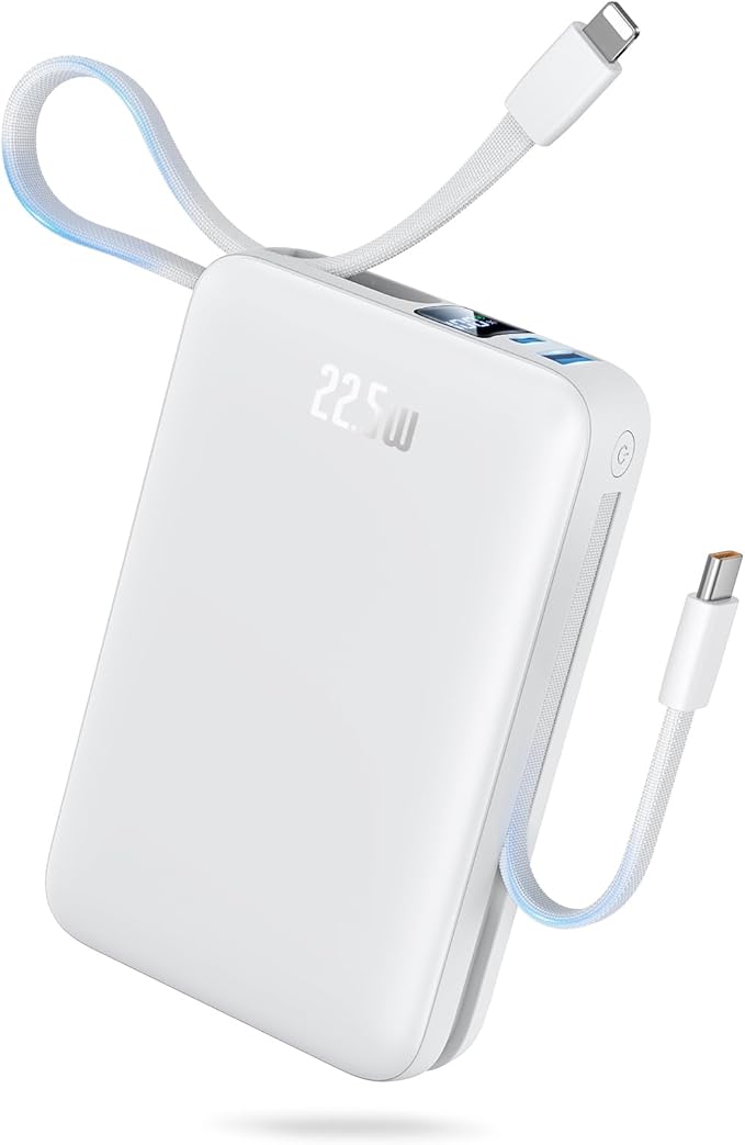 Portable Charger 50000mAh Power Bank,Portable Phone Charger with 2 Built in Cables,22.5W Fast Charging Travel Essentials Battery Pack for iPhone/iPad/MacBook/Android/Samsung Galaxy, White