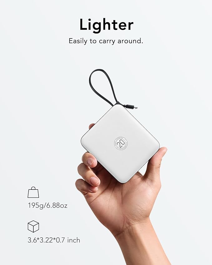 VRURC Portable Charger with Built-in 4 Cables, 10000mAh Battery Pack PD 20W for iPhone, 22.5W USB C Travel Power Bank for iPhone 16 15 14 13 Samsung Galaxy S23 S22 Google Android Phones, Whtie