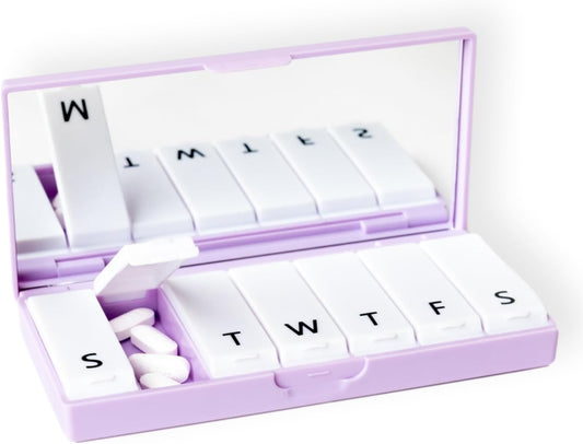 PORT X POLISH Designer Weekly Pill Box Organizer (Single 1X Daily, Lilac) | Compact, Stylish 7-Day Vitamin Supplement Case | Cute Portable Mini Travel Medicine Carrier | BPA-Free Pillbox Caddy