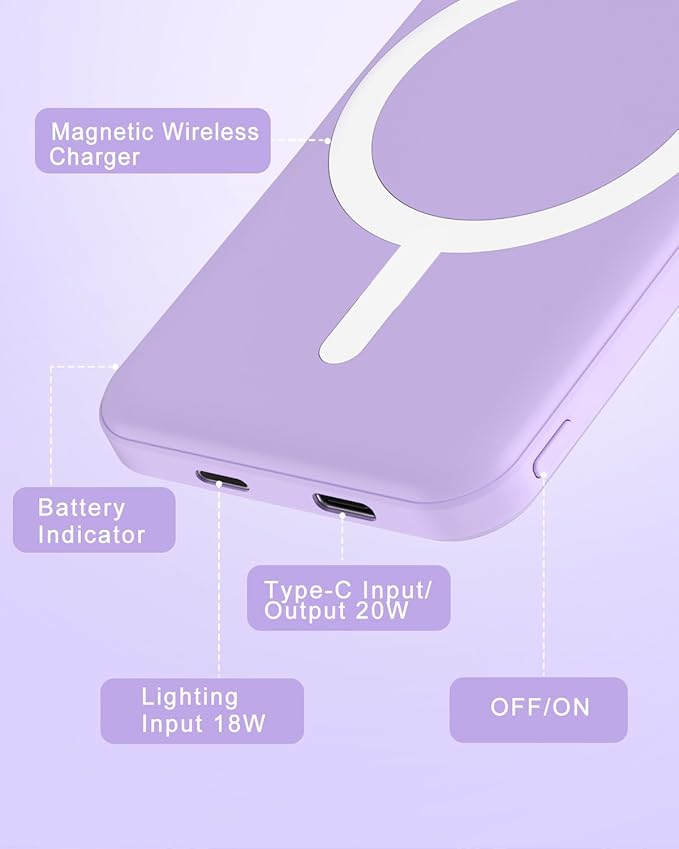 podoru for Magsafe Battery Pack, 5000mAh Magnetic Power Bank with Type-C Cable 20W PD Fast Charging Lighting Input Wireless Portable Charger for iPhone iPhone 17/16/15/14/13/12/ All Series-Purple