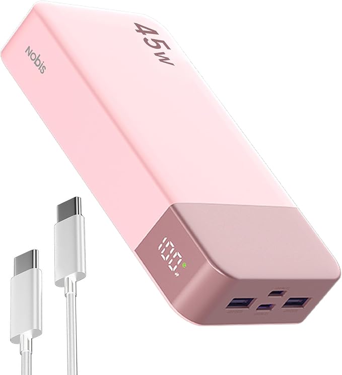 NOBIS Portable Charger, 20000mAh Power Bank, 45W Power Bank Fast Charging, Battery Pack with C to C Cable, Battery Bank with Digital Display for Phone Android Laptop etc (Pink)
