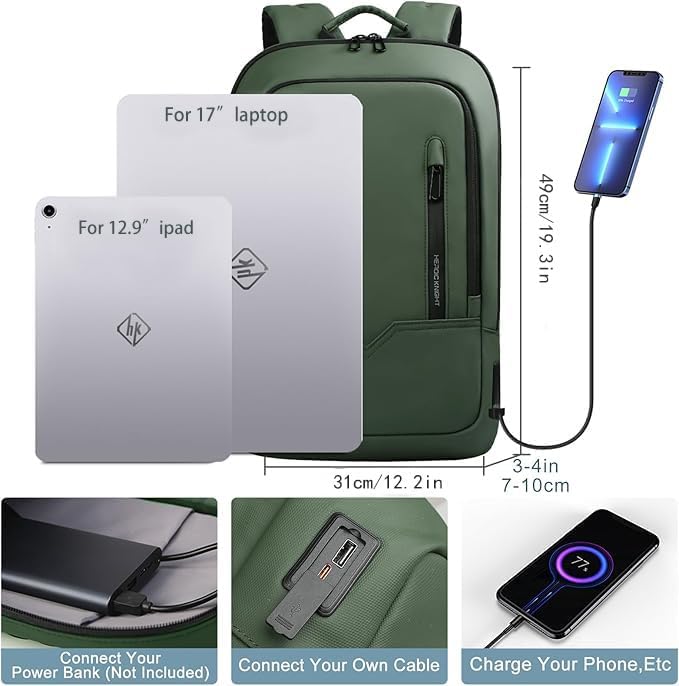 hk Backpack for Men Business Slim Backpack with USB Charger Computer Lightweight Anti-theft Travel (Green, 17.3 Inch)