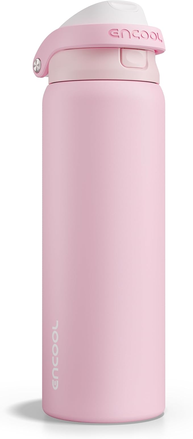 ENCOOL Leakproof Insulated Water Bottle with Straw Dual-Sip Water Bottle Bag-Safe Design for Work, Commute & Gym – Keeps Drinks Cold All Day, 32 oz, Poppy Pink