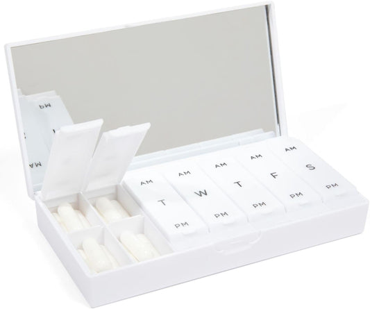 PORT X POLISH Designer Weekly Pill Box Organizer (AM/PM 2X Daily, Crisp White) | Compact, Stylish 7-Day Vitamin Supplement Case | Cute Portable Mini Travel Medicine Carrier | BPA-Free Pillbox Caddy