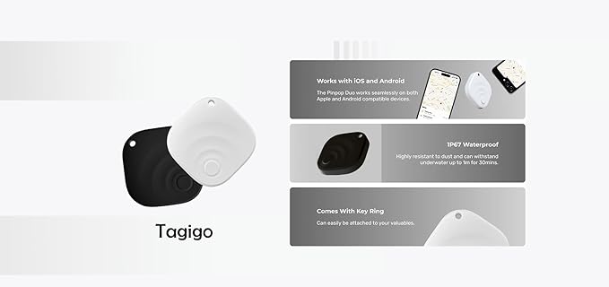 [2025 New, Designed in California], Tagigo Tracker, Compatible with Find Hub, Replaceable Battery, Ideal for Keys, Bags, Luggage, etc (Android Only - 4-Pack White)