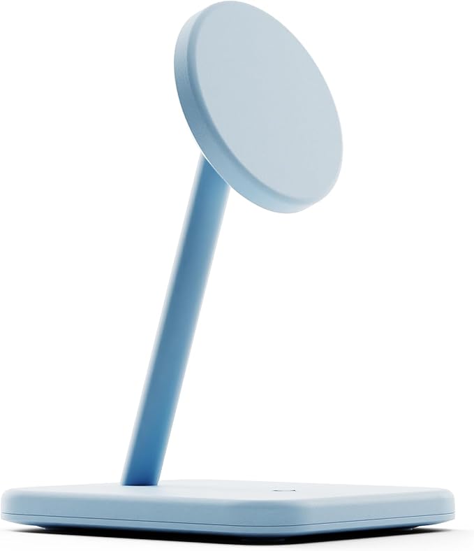 Twelve South HiRise 2 Deluxe 2-in-1 Wireless Charging Station for Apple Devices Qi2 MagSafe Charger, Fast Charger Stand for iPhone 15 14 13 12 Pro & Max Series AirPods Pro/3/2, Glacial Blue