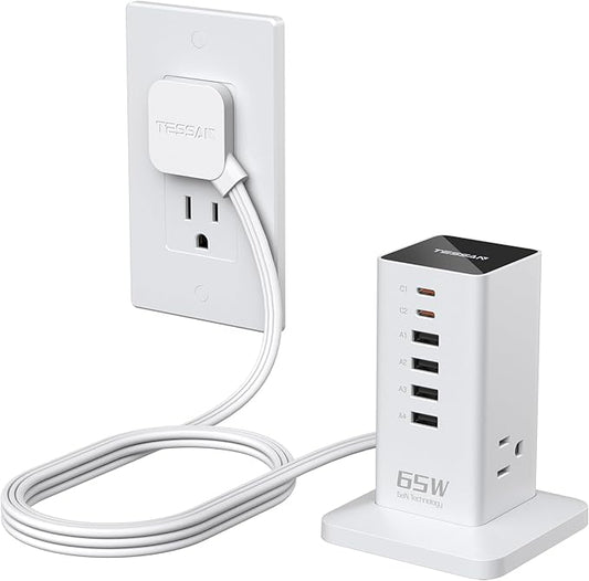 USB Charging Station for Multiple Devices PD 65W, TESSAN 9-in-1 USB C Charger Block for iPhone 17/16/15, MacBook, Tablet, Type C Desktop Charger with 3 AC, Home Travel Office Accessories, White
