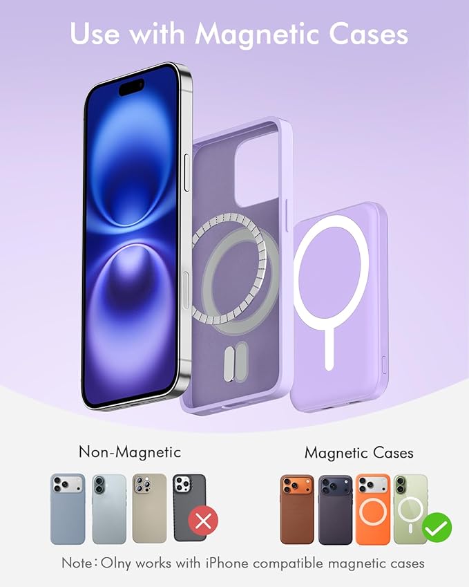 podoru for Magsafe Battery Pack, 5000mAh Magnetic Power Bank with Type-C Cable 20W PD Fast Charging Lighting Input Wireless Portable Charger for iPhone iPhone 17/16/15/14/13/12/ All Series-Purple