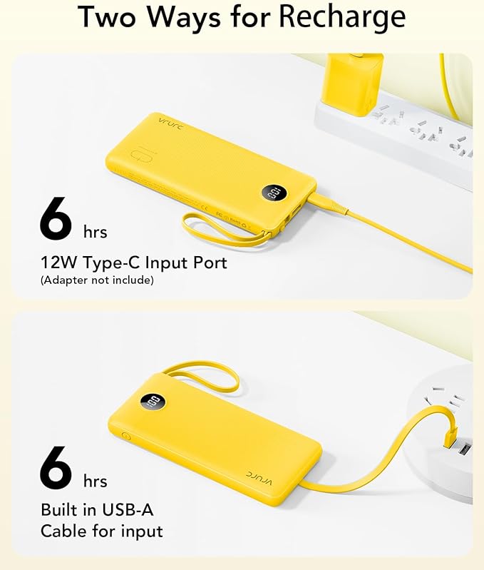 VRURC Portable Charger with Built-in Cables, 10000mAh LED Display USB C Power Bank, Slim Travel Battery Pack with 5 Output 2 Input Compatible with iPhone 17 16 15 13,Samsung,Android etc-Yellow(1 Pack)