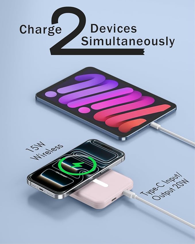 podoru for Magsafe Battery Pack, 5000mAh Magnetic PowerBank with Type-C Cable 20W PD Fast Charging Lighting Input Wireless Charger for iPhone 17/16/15/14/13/12/ All Series-Light Pink