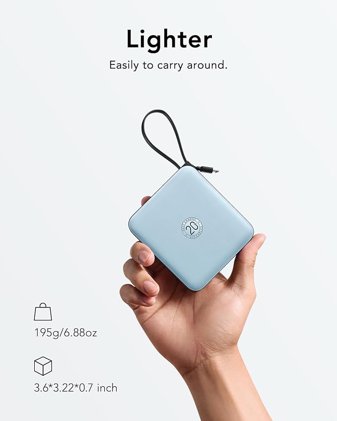 VRURC 10000mAh Portable Charger for iPhone with Built-in Cables, PD 20W Fast Charging Power Bank, Battery Pack for iPhone 17 16 15 14 13 Samsung Galaxy S25 S24 Series Android, Blue(1 Pack)