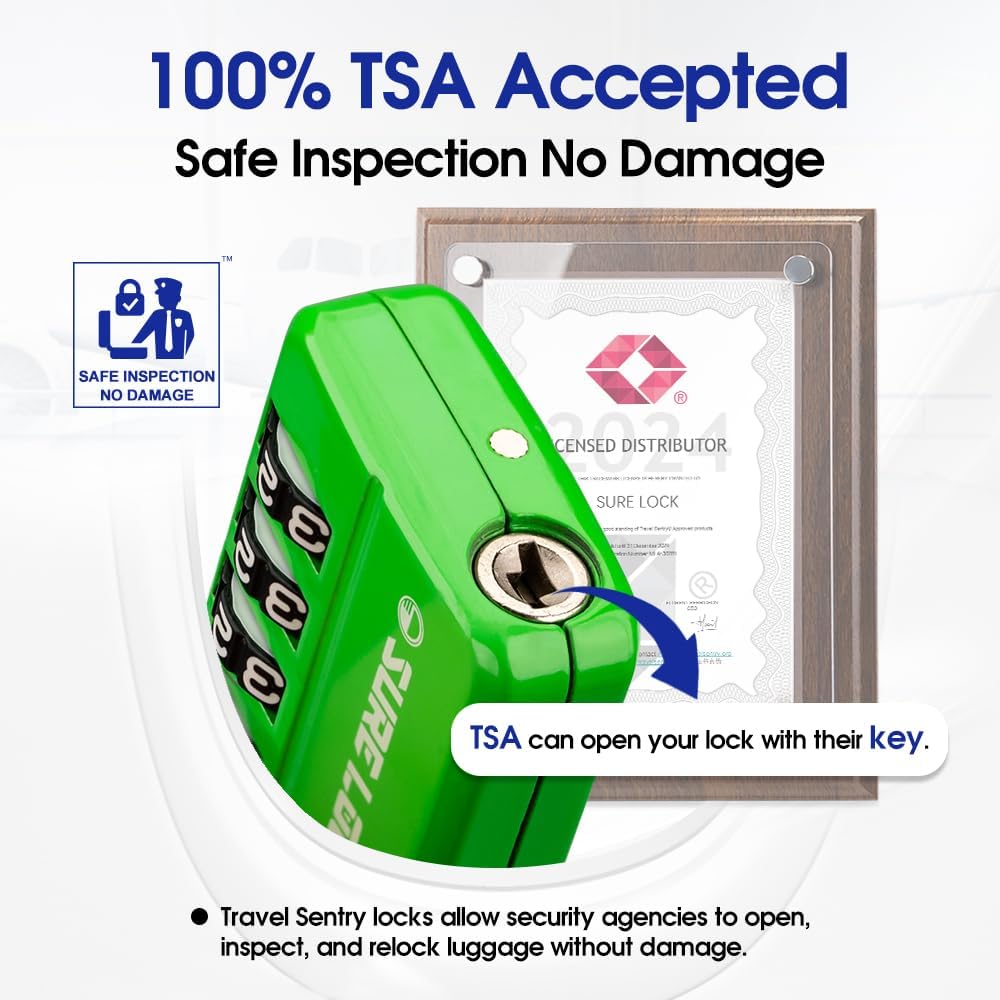 SURE LOCK TSA Approved 4-Digit Resettable Combination Luggage Locks with Open Alert, Easy-Read Dials - for Luggage, School Lockers, Gym, Office, Toolbox & Security Cases(Green 2 Pack)
