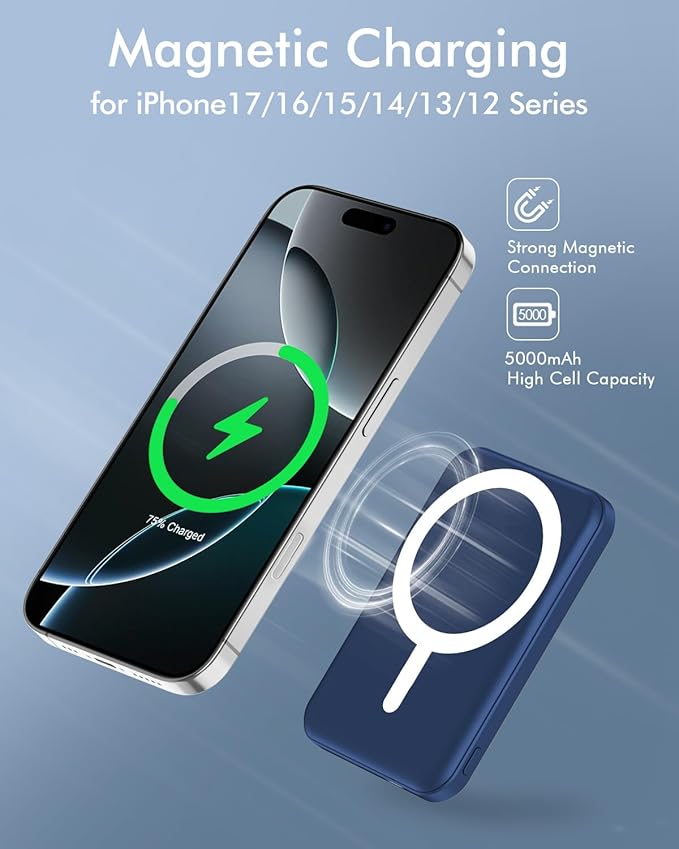 podoru for Magsafe Battery Pack, 5000mAh Magnetic Power Bank with Type-C Cable 20W PD Fast Charging Lighting Input Wireless Portable Charger for iPhone 17/16/15/14/13/12/ All Series-Dark Blue