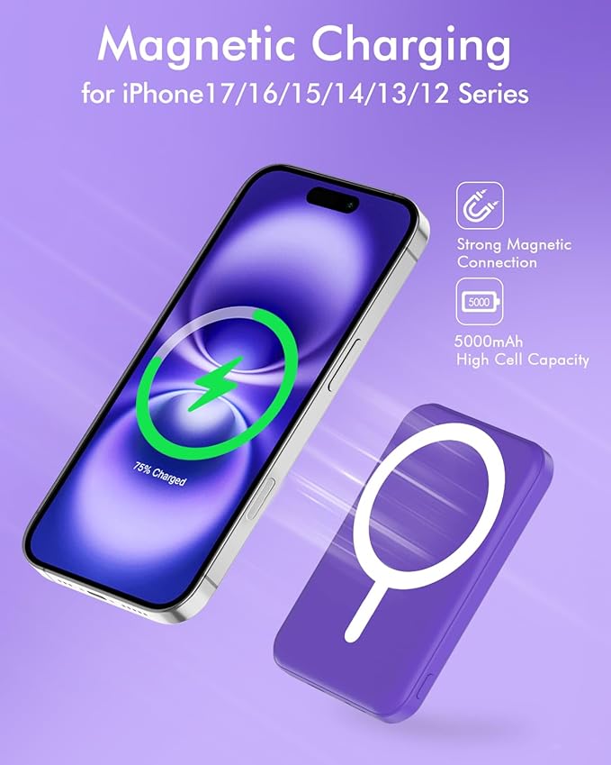 podoru for Magsafe Battery Pack, 5000mAh Magnetic Power Bank with Type-C Cable 20W PD Fast Charging Lighting Input Wireless Portable Charger for iPhone 17/16/15/14/13/12/ All Series-Demon Purple
