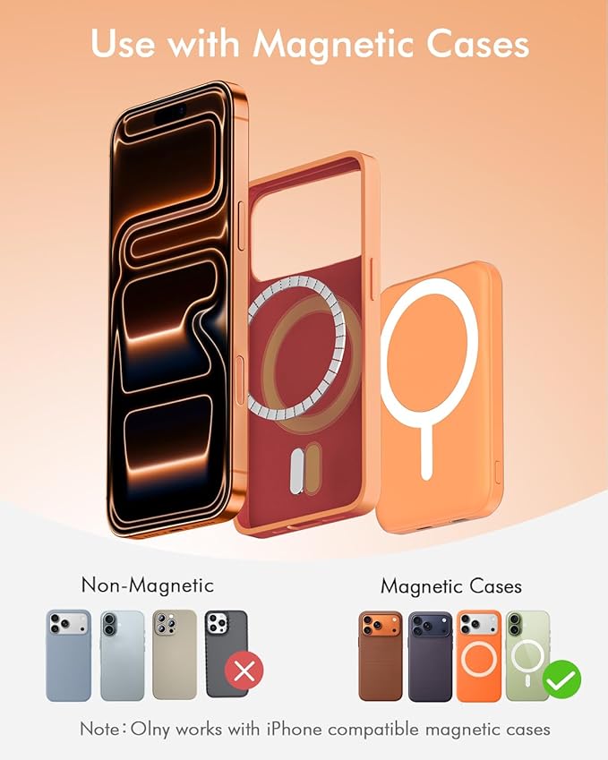 podoru for Magnetic Battery Pack, 5000mAh Magnetic Power Bank with Type-C Cable 20W PD Fast Charging Lighting Input Wireless Portable Charger for iPhone 17/16/15/14/13/12/ All Series-Orange