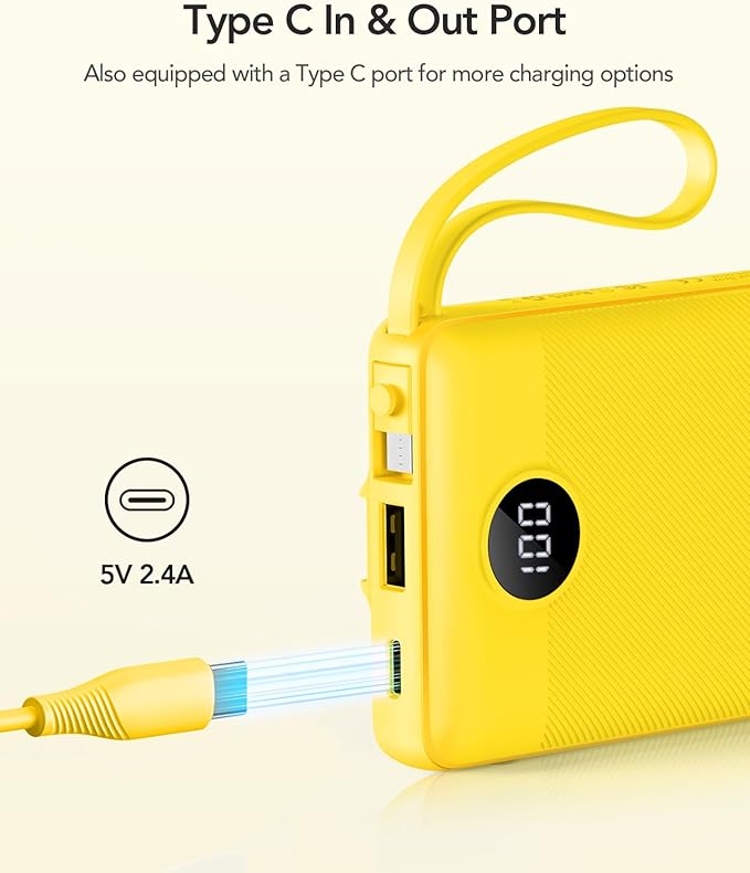 VRURC Portable Charger with Built-in Cables, 10000mAh LED Display USB C Power Bank, Slim Travel Battery Pack with 5 Output 2 Input Compatible with iPhone 17 16 15 13,Samsung,Android etc-Yellow(1 Pack)