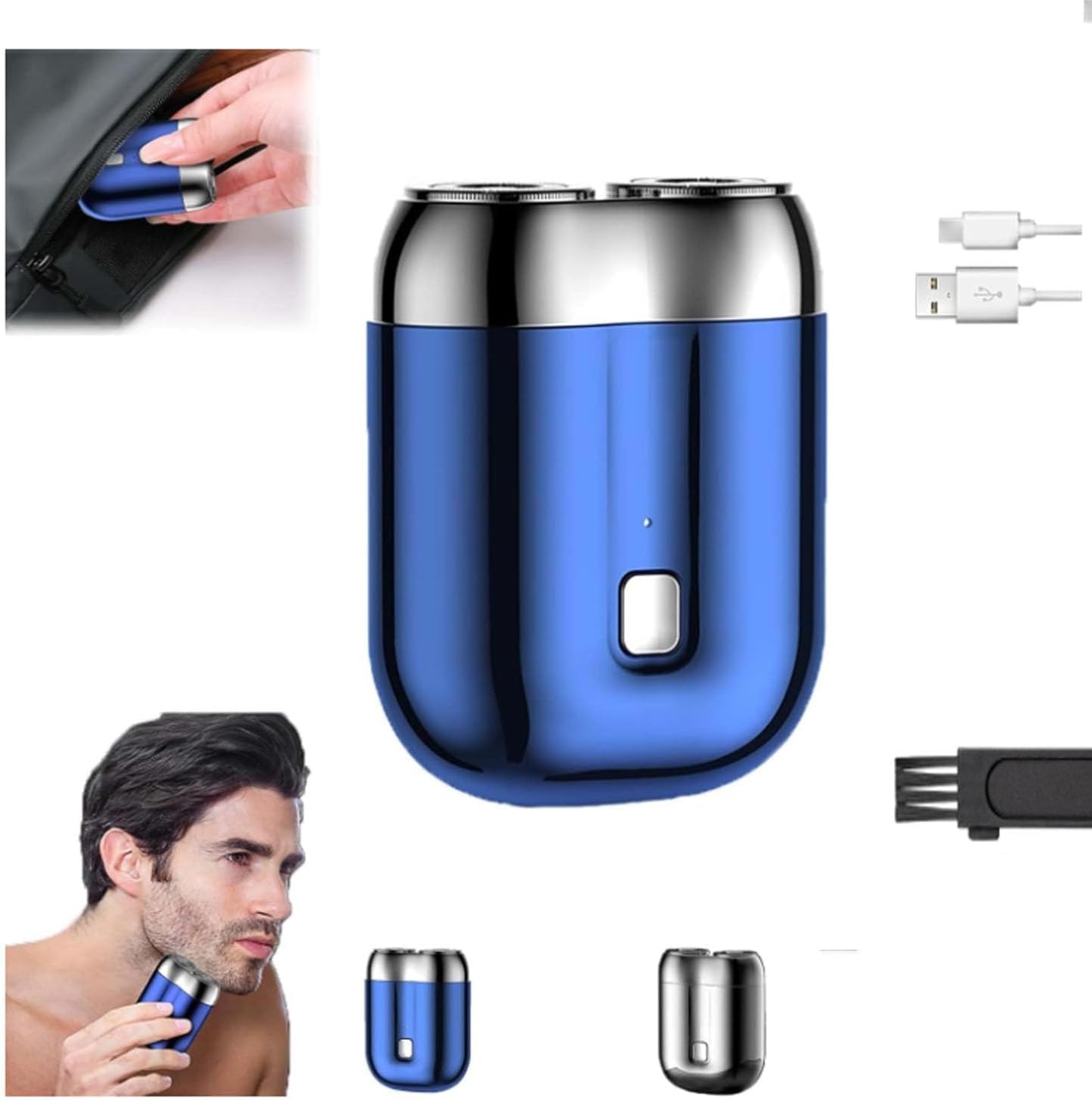 2025 New Model Mini Dual-Head Electric Shaver, Electric Mini Portable Razor, Pocket Size Washable Double Head Razor, Rechargeable Waterproof Compact Electric Shaver for Home, Car, Travel (Blue)