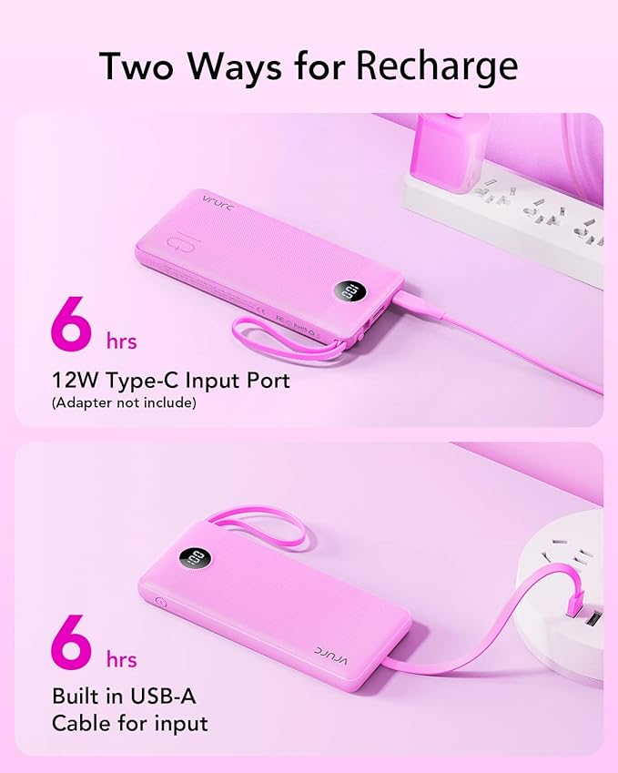 VRURC Portable Charger 10000mAh, Travel Essentials Battery Pack, 5 Output 2 Input Power Bank, Built-in Micro & USB C Cables Phone Charger Compatible with iPhone,Samsung,Android-Purple(1 Pack)