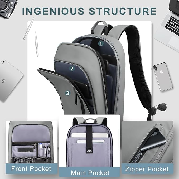 hk Backpack for Men Business Slim Backpack with USB Charger Computer Lightweight Anti-theft Travel (Grey, 17.3 Inch)