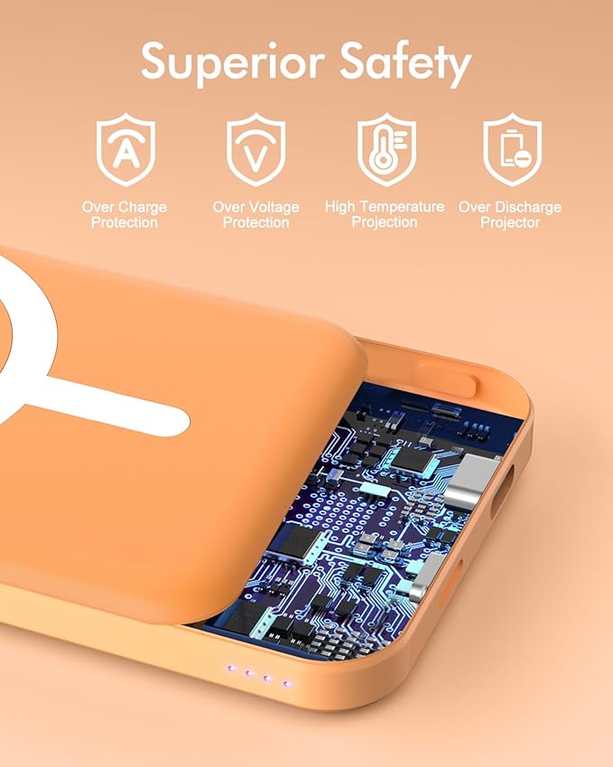 podoru for Magnetic Battery Pack, 5000mAh Magnetic Power Bank with Type-C Cable 20W PD Fast Charging Lighting Input Wireless Portable Charger for iPhone 17/16/15/14/13/12/ All Series-Orange