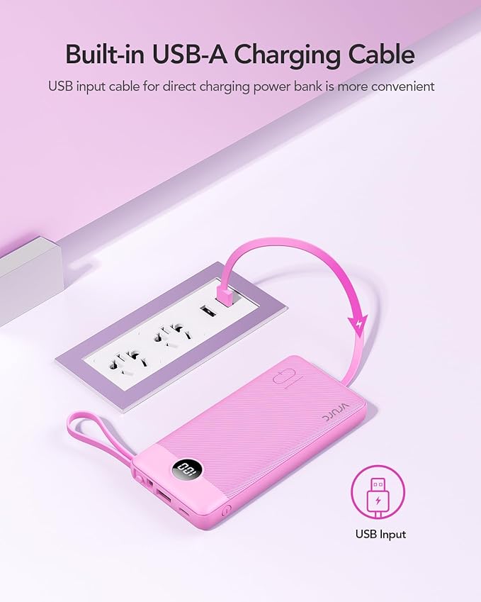 VRURC Portable Charger 10000mAh, Travel Essentials Battery Pack, 5 Output 2 Input Power Bank, Built-in Micro & USB C Cables Phone Charger Compatible with iPhone,Samsung,Android-Purple(1 Pack)