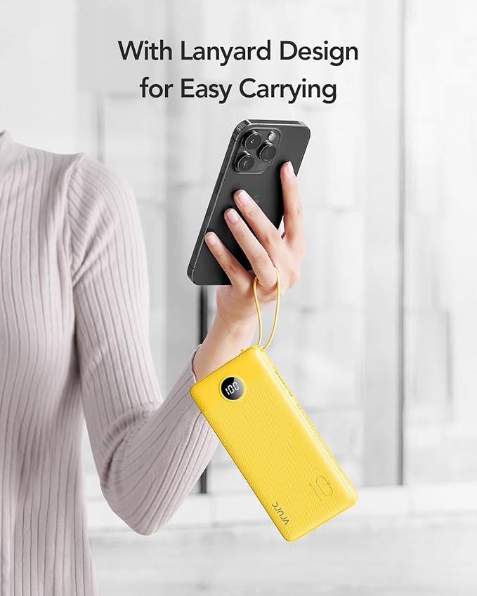 VRURC Portable Charger with Built-in Cables, 10000mAh LED Display USB C Power Bank, Slim Travel Battery Pack with 5 Output 2 Input Compatible with iPhone 17 16 15 13,Samsung,Android etc-Yellow(1 Pack)