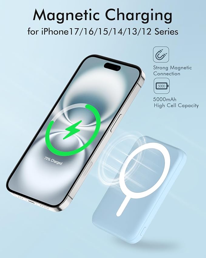 podoru for Magsafe Battery Pack, 5000mAh Magnetic Power Bank with Type-C Cable 20W PD Fast Charging Lighting Input Wireless Portable Charger for iPhone 17/16/15/14/13/12/ All Series-Sierra Blue