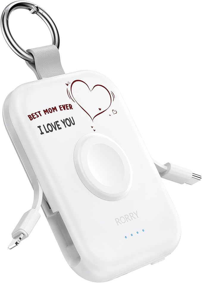 RORRY Portable Charger, 5000mAh Portable Charger Power Bank with Built-in Cables, Travel Keychain Battery Pack for Apple Watch Ultra/11/10/9/8/7/6/SE, iPhone Air/17/16/15/14/13/12, Mom-White