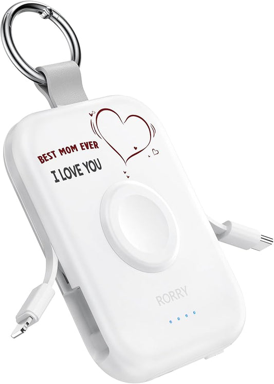 RORRY Portable Charger, 5000mAh Portable Charger Power Bank with Built-in Cables, Travel Keychain Battery Pack for Apple Watch Ultra/11/10/9/8/7/6/SE, iPhone Air/17/16/15/14/13/12, Mom-White