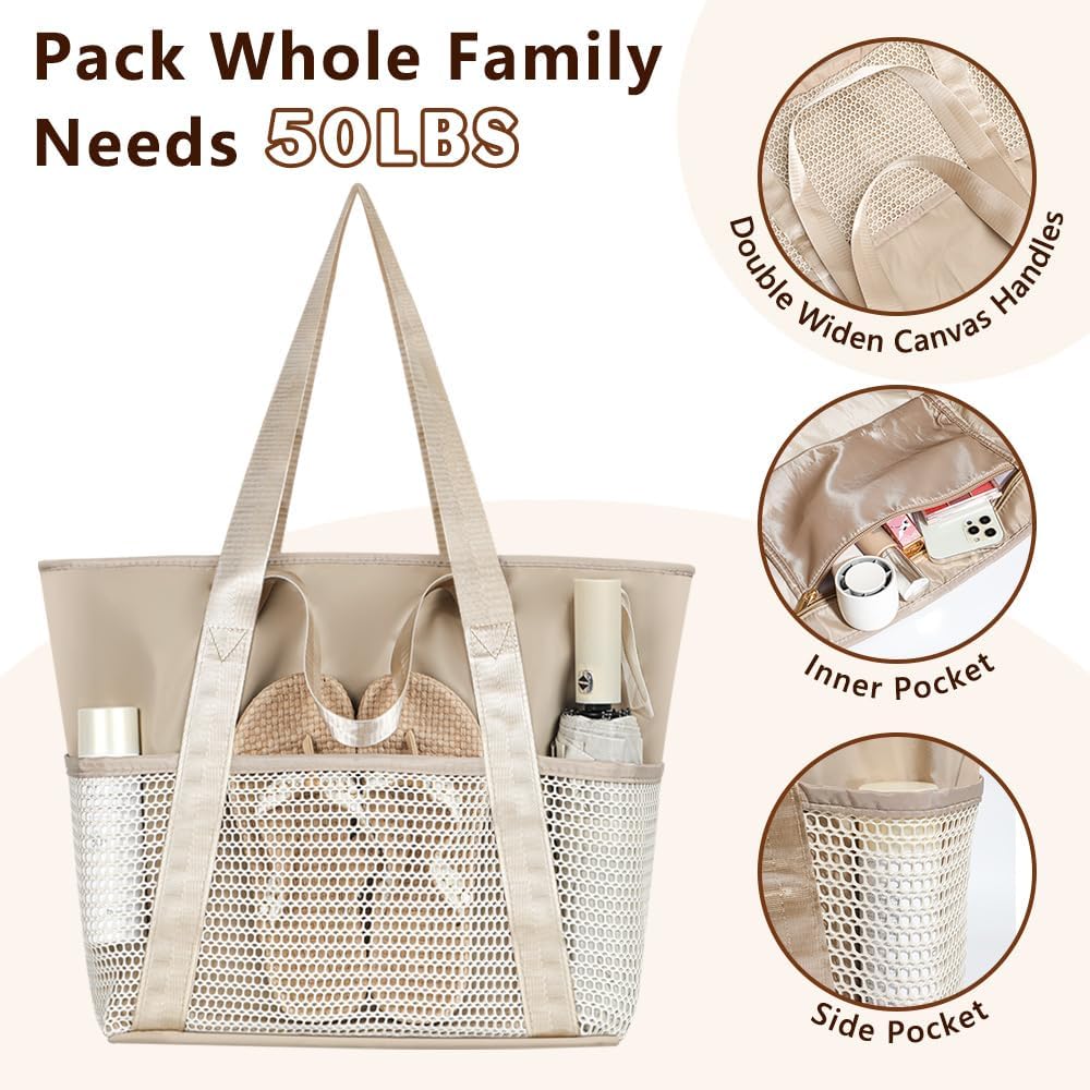 Waterproof Sandproof Beach Bag with Zipper and 6 Pockets - Foldable Lightweight Tote for Pool, Travel