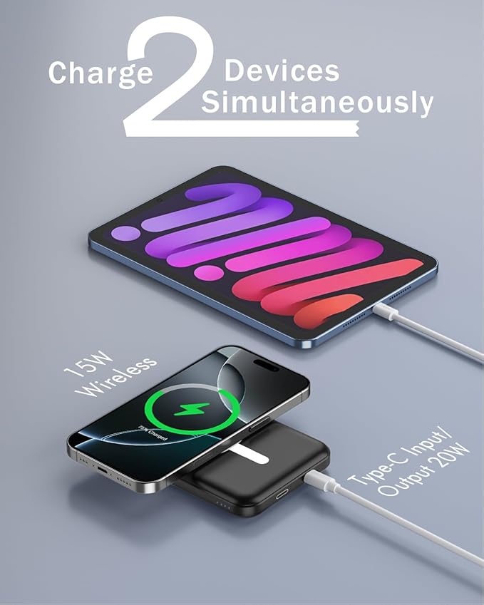 podoru for Magsafe Battery Pack, 5000mAh Magnetic Power Bank with Type-C Cable 20W PD Fast Charging Lighting Input Wireless Portable Charger for iPhone 17/16/15/14/13/12/ All Series-Black