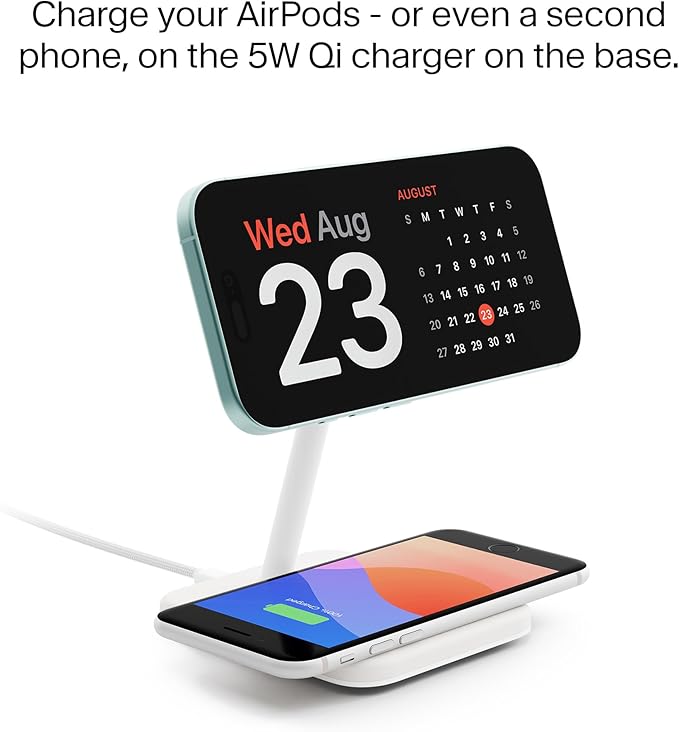Twelve South HiRise 2 Deluxe 2-in-1 Wireless Charging Station for Apple Devices - Qi2 MagSafe Charger, Fast Wireless Charger Stand for iPhone 15 14 13 12 Pro & Max Series, AirPods Pro/3/2, White