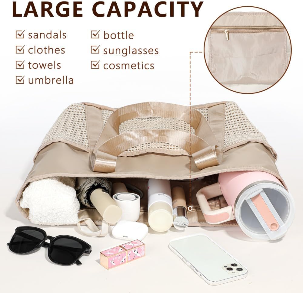 Waterproof Sandproof Beach Bag with Zipper and 6 Pockets - Foldable Lightweight Tote for Pool, Travel