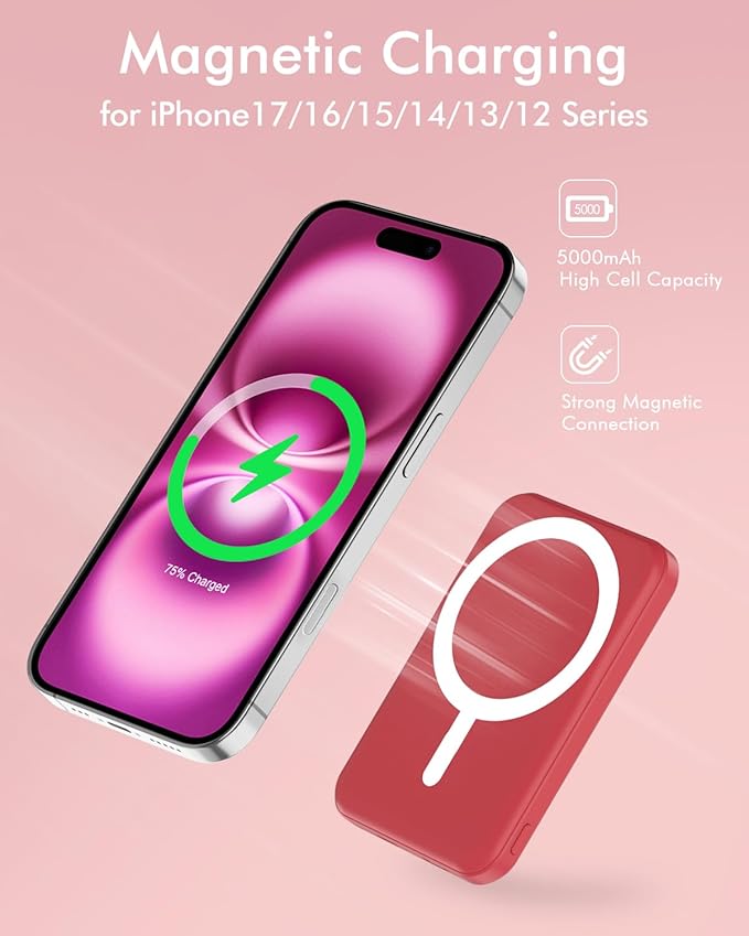 podoru for Magsafe Battery Pack, 5000mAh Magnetic Power Bank with Type-C Cable 20W PD Fast Charging Lighting Input Wireless Portable Charger for iPhone 17/16/15/14/13/12/ All Series-Red