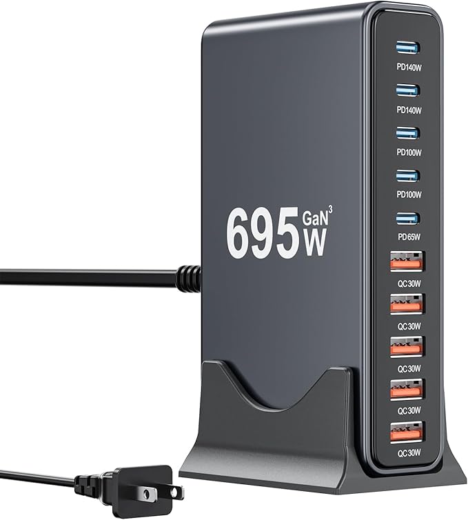 695W USB C Charger Block,10-Port USB C Charging Station GaN IV Travel Essentials Multiple Port Charging Station,100W Laptop Fast Charger Adapter for MacBook Pro/Air,DELL,iPad,iPhone,Samsung Galaxy