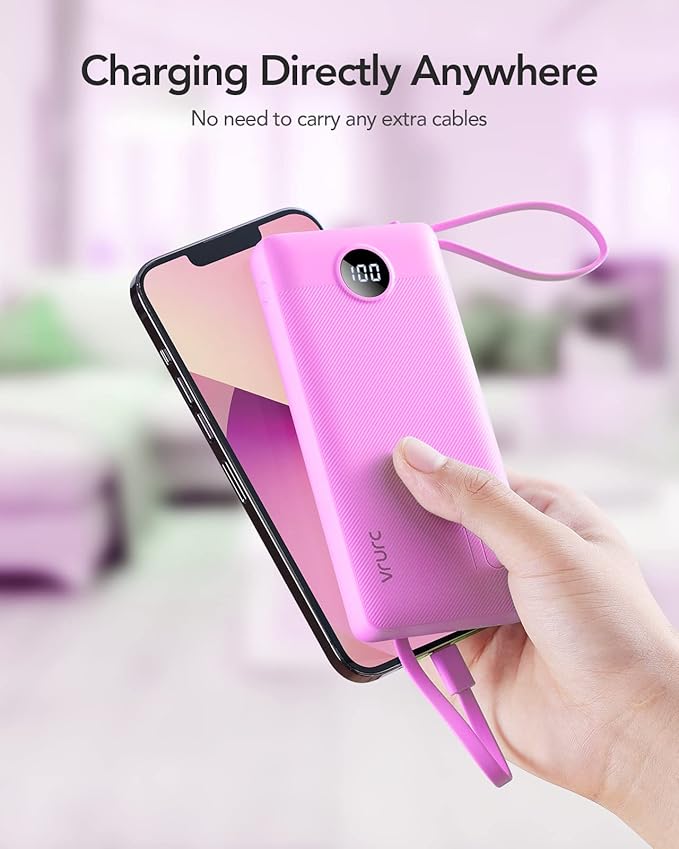 VRURC Portable Charger 10000mAh, Travel Essentials Battery Pack, 5 Output 2 Input Power Bank, Built-in Micro & USB C Cables Phone Charger Compatible with iPhone,Samsung,Android-Purple(1 Pack)