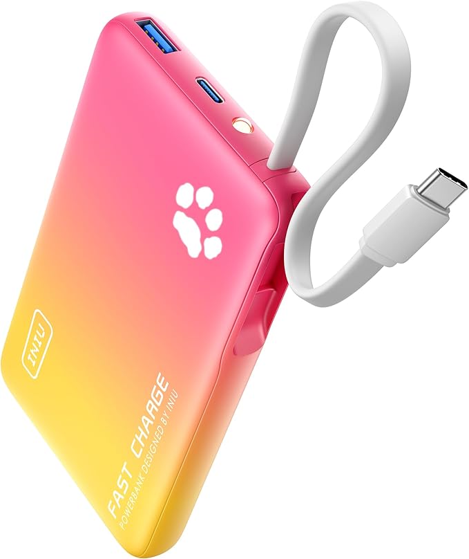 INIU PawGo Portable Charger, 45W PD 10000mAh Slim Power Bank with Built-in USB-C, Travel Airplane Camping Hiking, for Family Commuter Students Photographers