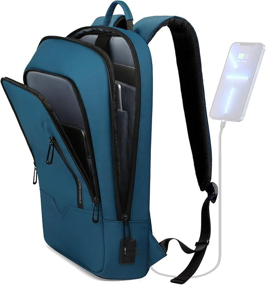 hk Backpack for Men Business Slim Backpack with USB Charger Computer Lightweight Anti-theft Travel (Dark Blue, 15.6 Inch)